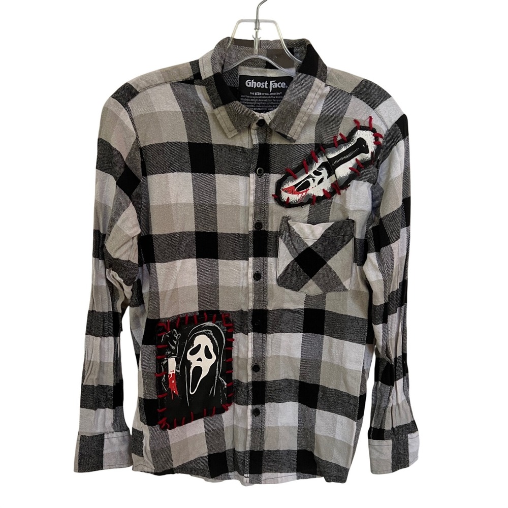 Ghost Face Scream Horror Buffalo Plaid Flannel Shirt Grey Black Small